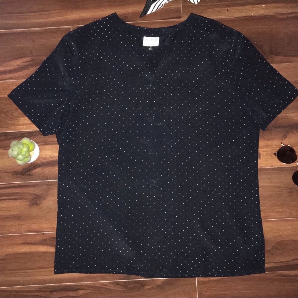 Kasper Navy Blue Polka Dot Button Up Blouse